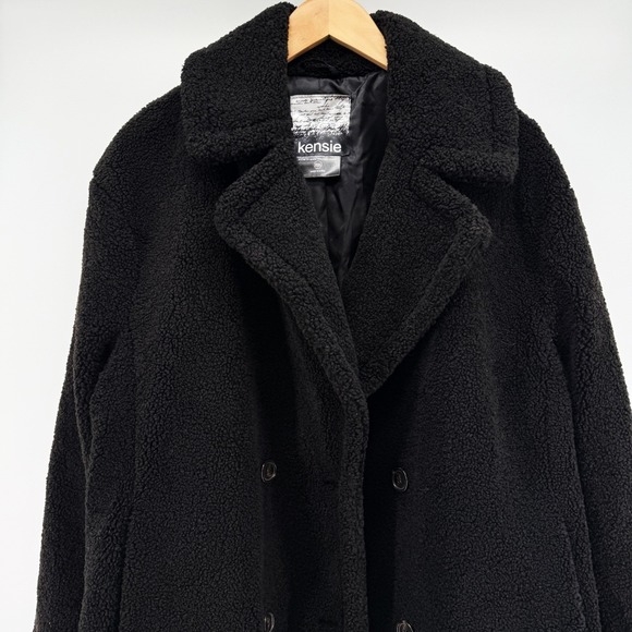 Kensie Womens Black Faux Fur Teddy Coat Double Breasted Pockets Warm Winter NEW - Picture 9 of 16